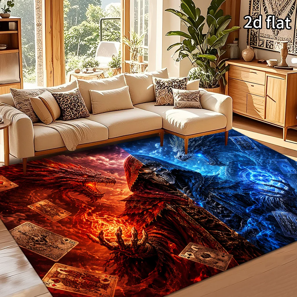 2D Flat  Fantasy Two‑Tone Dragon & Skull Print Living Room Area Rug, Large Soft Non‑Slip Washable Easy‑Clean Home Decor Mat