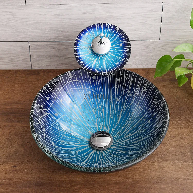 42cm Round Bowl Basin Hotel Countertop Washbasin Set Sky Blue Tassel Pattern Tempered Glass Vessel Sink