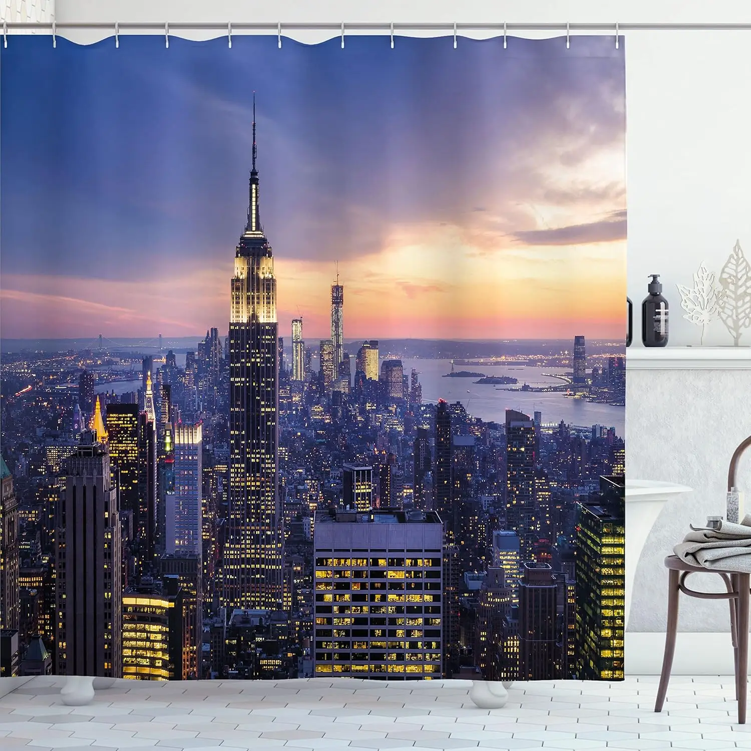 

New York City Skyline Shower Curtain Empire State Building Sunset View Urban Landscape Decor Bathroom Linen160x220
