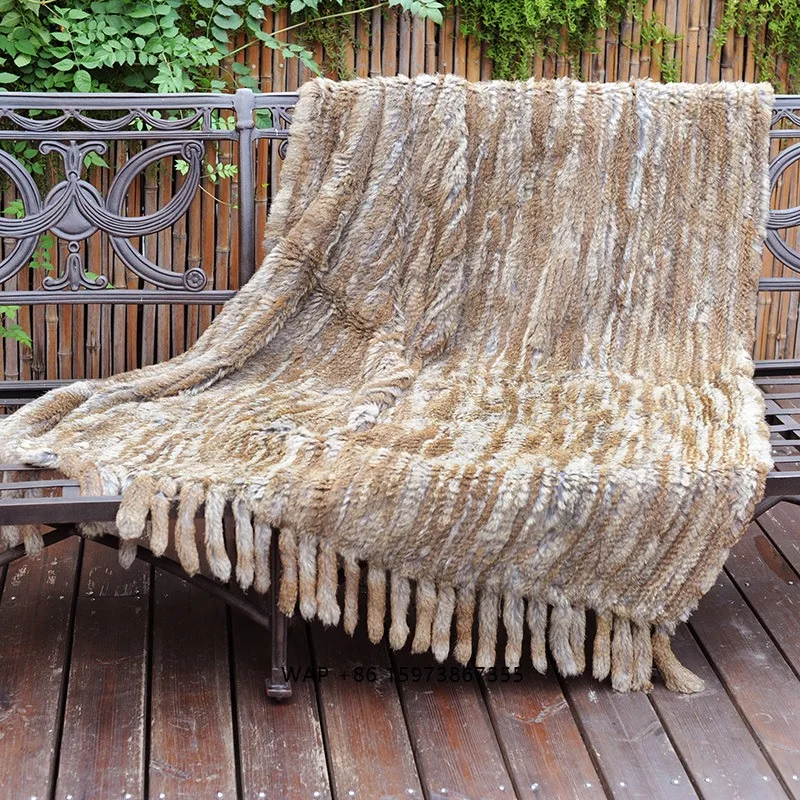 

100% Rabbit Fur Sofa Throw Blanket Soft Warm Hand Knitted Solid Color Portable Anti-Bacteria Customizable All-Season for Home