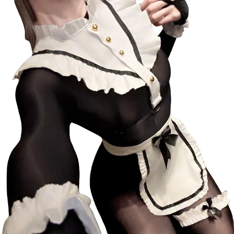 

Hot Cosplay Lolita Girls Dark Gothic Maid Apron Black Pantyhose Set Temptation See-through Bodysuit Nightclub Women's Party