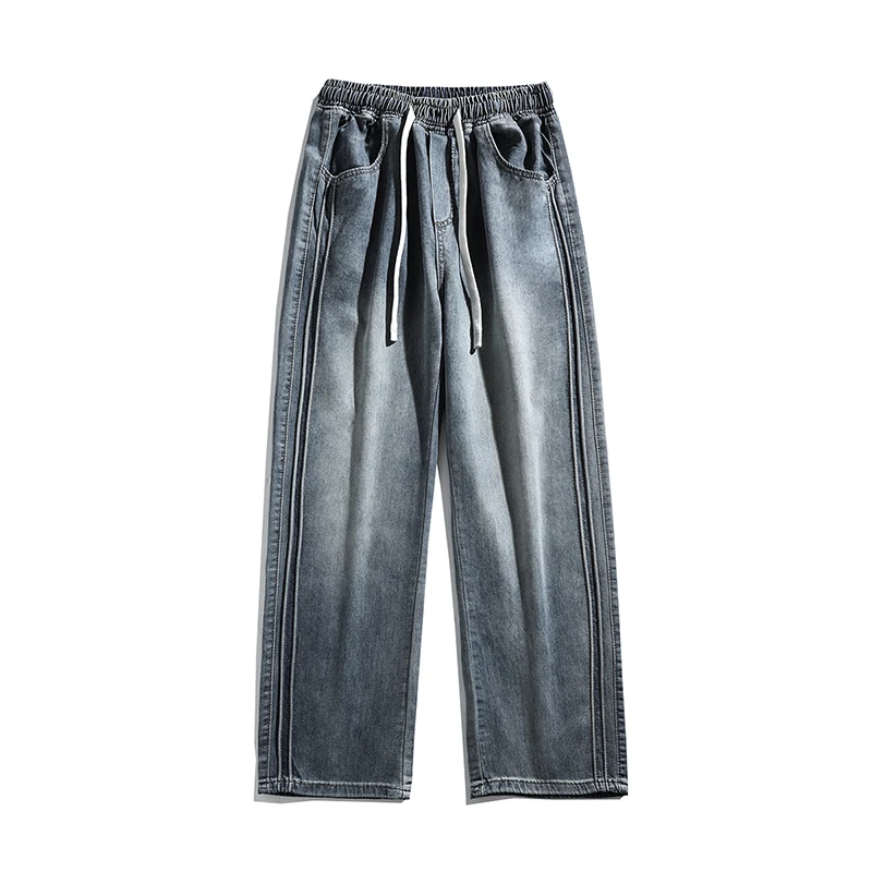 Summer Trend Lyocell Straight Jeans For Men Full Elastic Waist Side Stitch All Match Fashion Bottoms