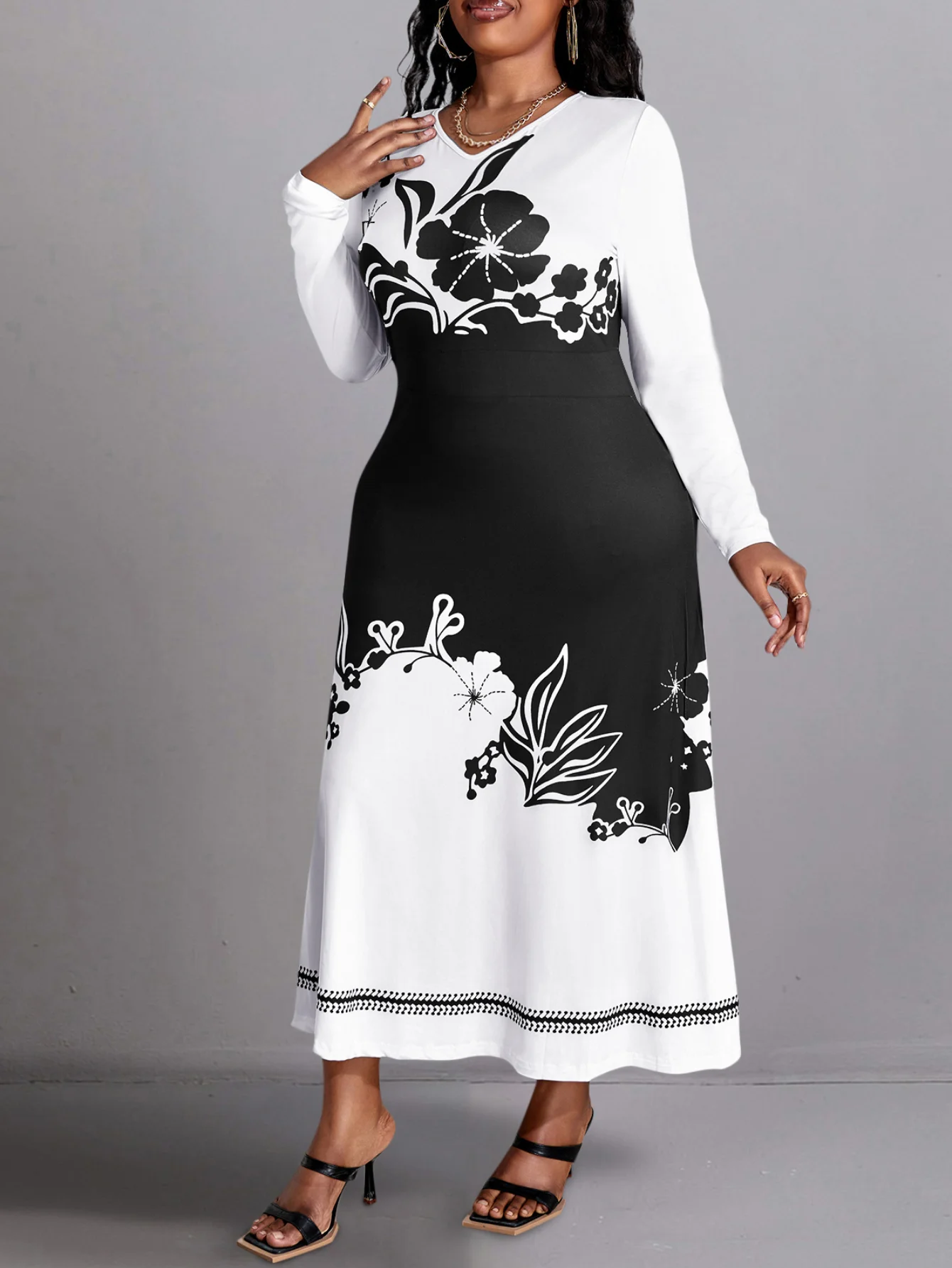 LW Plus Size Elegant Floral Print A Line Dress  Tribal Long Sleeve V Neck Midi Dress Business Women\'s Black and White Vestidos