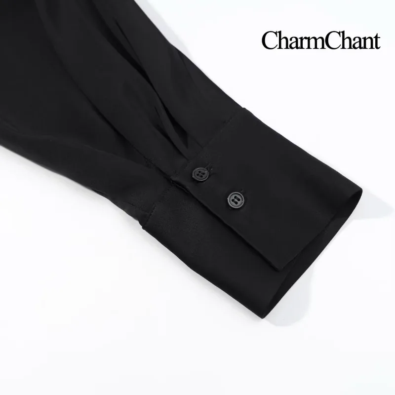 CharmChant Camicia a maniche lunghe in pizzo asimmetrico in raso nero per donna Y2k Harajuku Moda elegante camicia senza maniche camicetta femminile