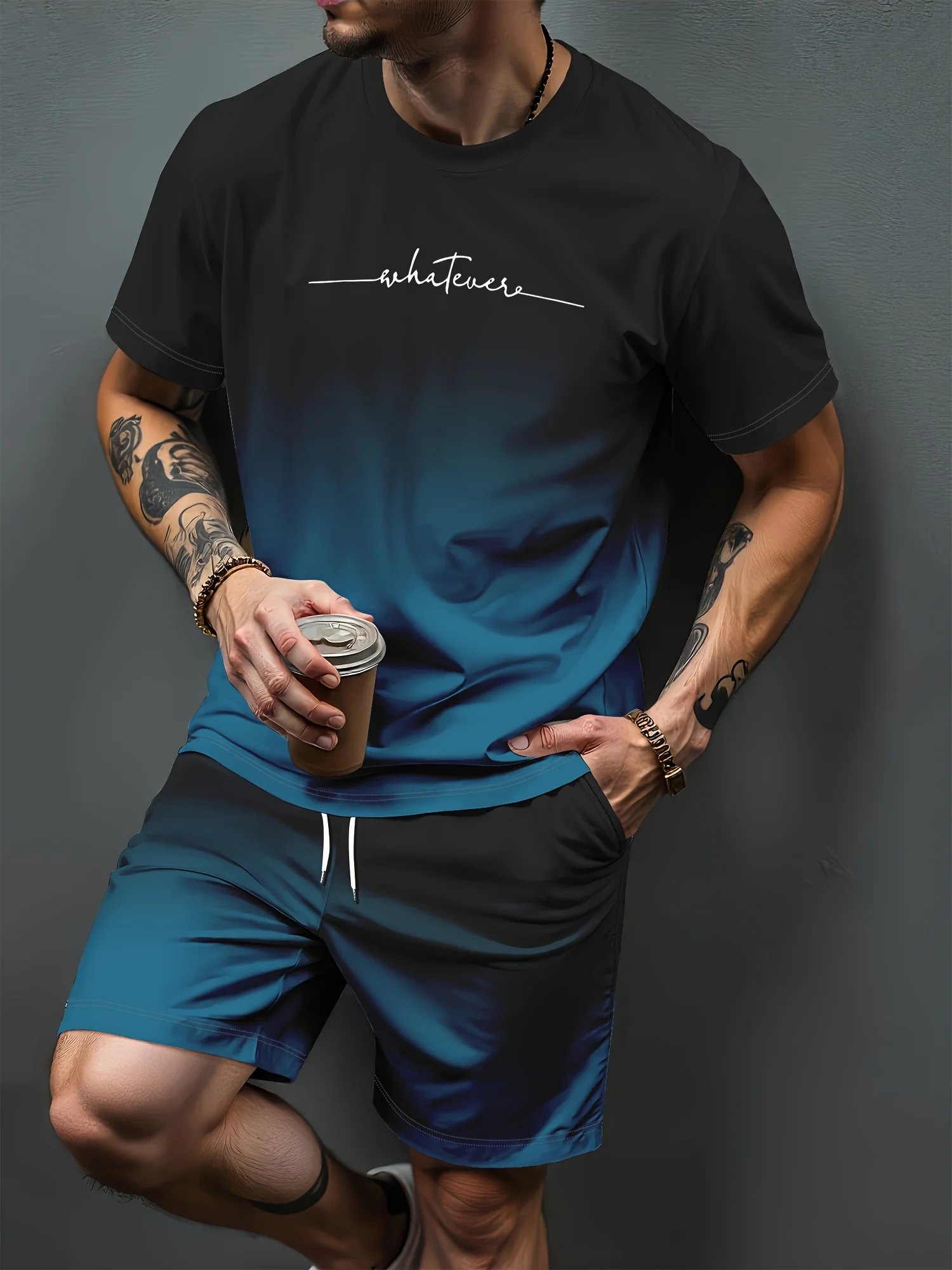 Image of Neues Sommer-Set für Herren, kurzärmeliges T-Shirt, zweiteiliges Set, stilvolle Sportbekleidung, 3D-Farbverlaufsdruck, lässiges Shorts- und T-Shirt-Set