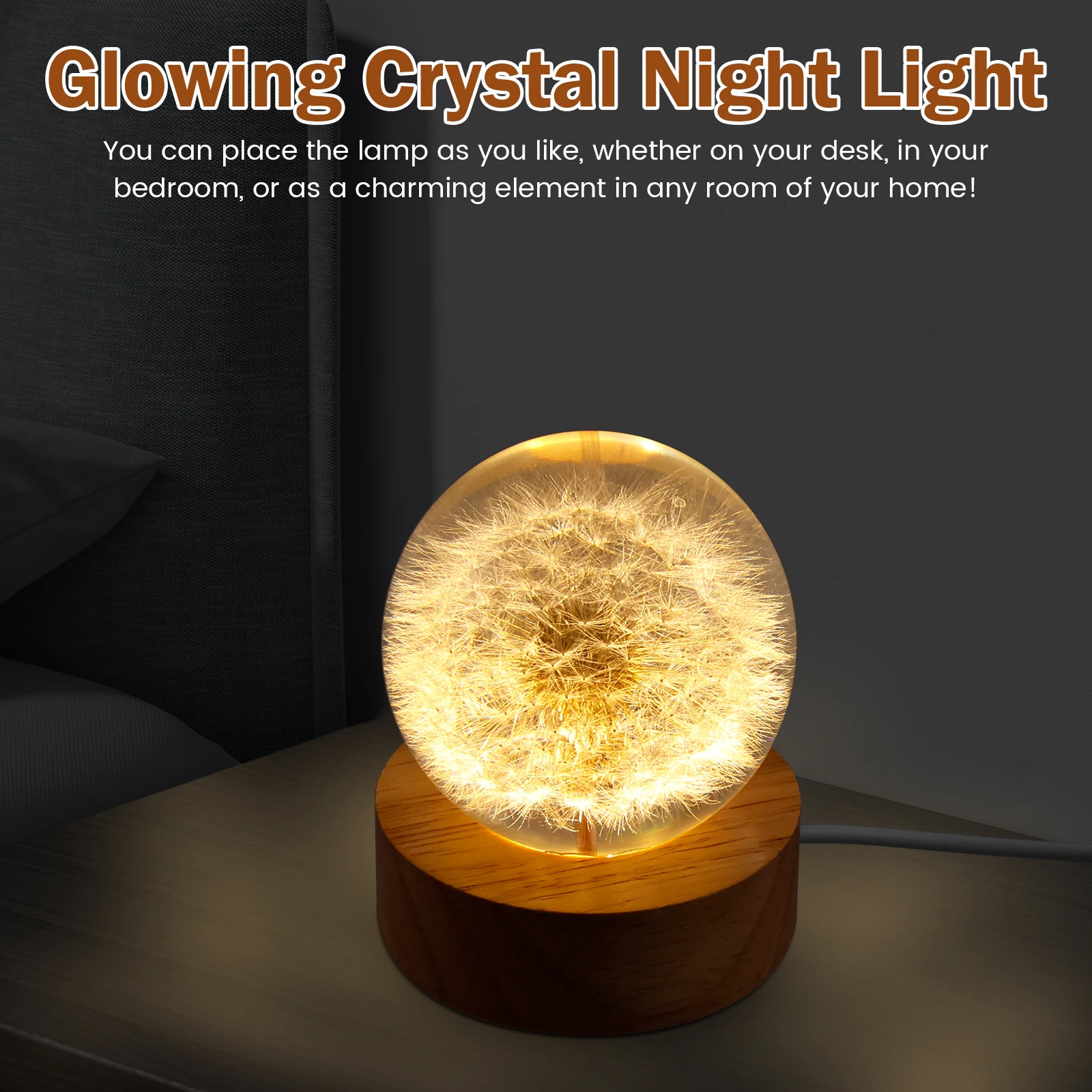 Crystal LED Night Light Dandelion Crystal Ball Night Light with Wooden Base Fancy Crystal Ball Night Light Gift Home Decoration