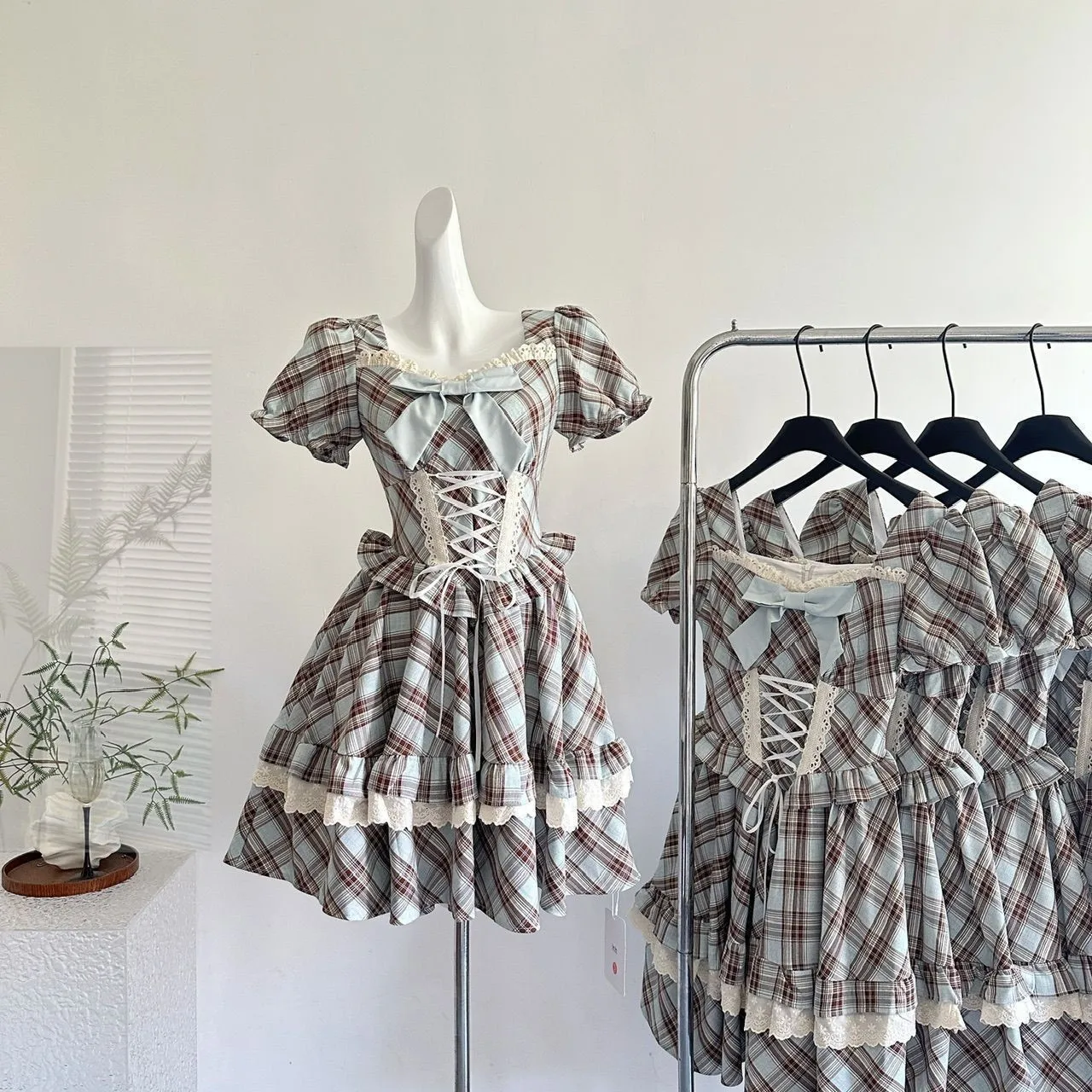 

Short Strap Dress V Neck Two Piece Dresses Long Sleeve High Waist Mini Dress Lace Up Corset with Ruffled Skirt Light Blue And