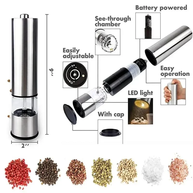 Electric Stainless Steel Pepper Grinder Spices Sea Salt BBQ Seasoning Grinding Size Adjustable Kitchen Outdoor Cooking Tools