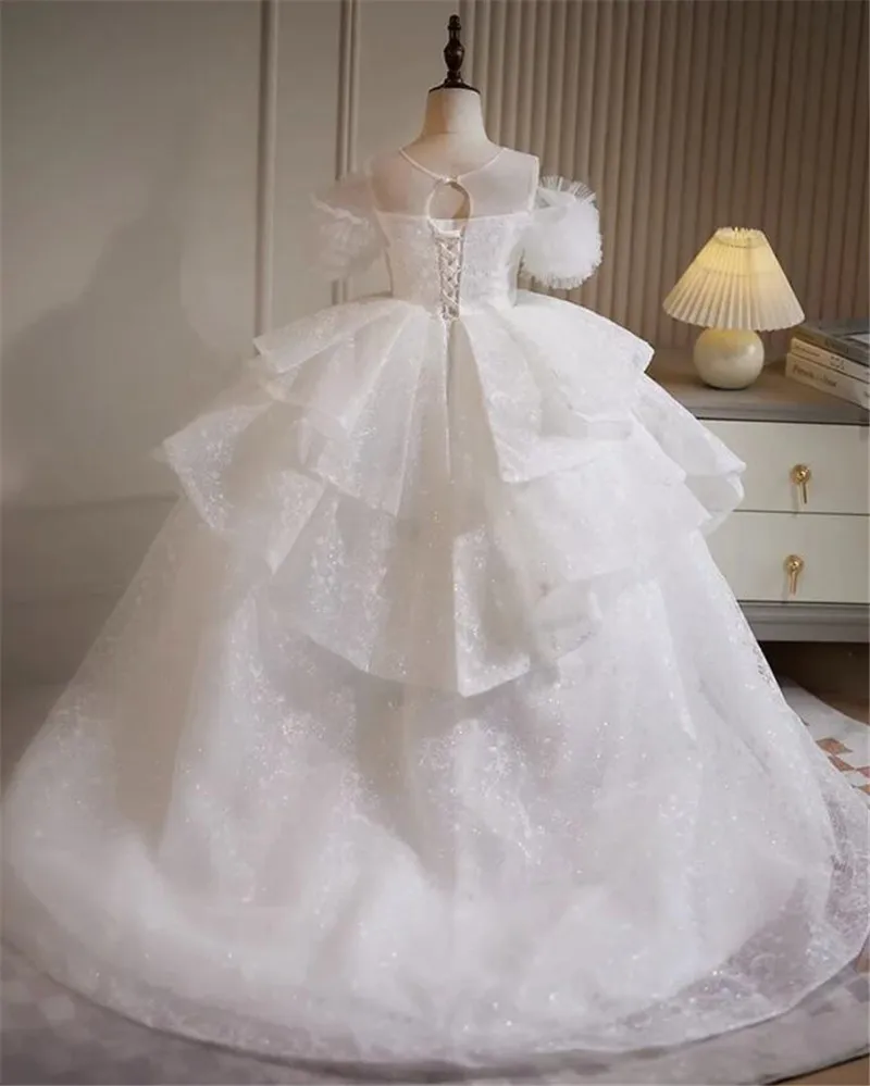 Robes de demoiselle d'honneur blanches pour mariage, corset Back Off, robe de princesse initiée, robe de première communion pour enfant, taille 1-14T