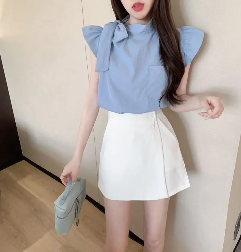 Suit With Flying Sleeves Lace-Up Shirt Top Short Culottes Design Summer Temperament Fashionable Two-Piece Set For Women