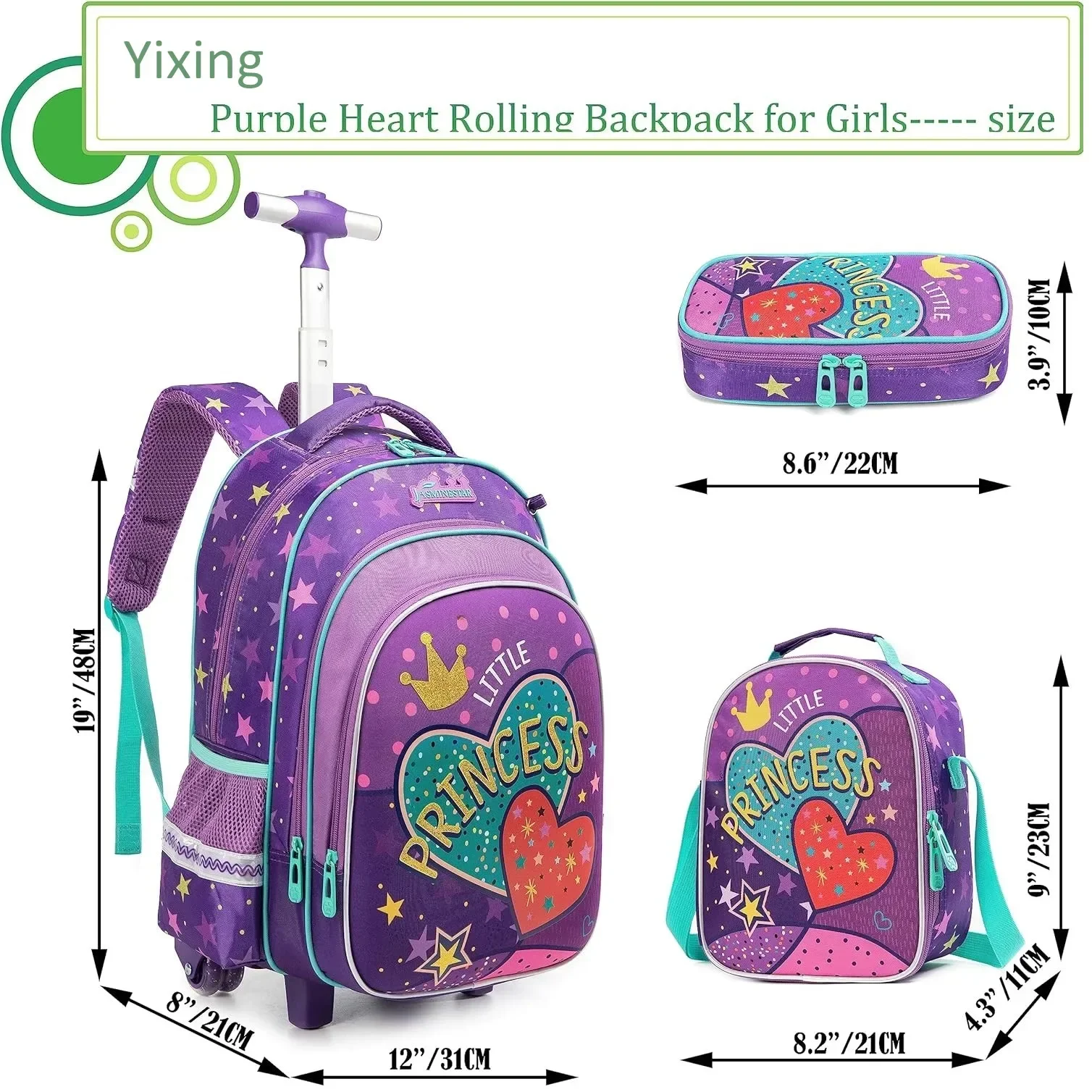 Mochila escolar infantil com rodas, bagagem de rolamento, conjunto de trolley bag, lancheira e estojo de lápis, meninos e meninas