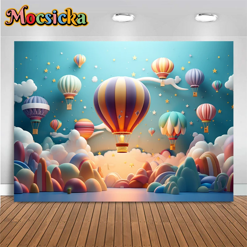 

Hot Air Balloon Background For Photography Baby Shower Girl Boy Newborn Children Happy 1st Birthday Backdrop Decor Photo Studio