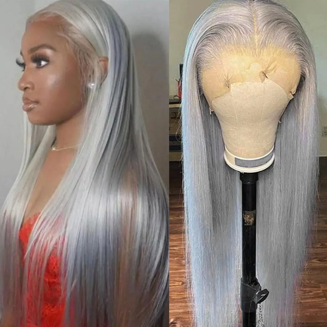 

40Inch Silver Grey Straight Human Hair Wigs For Women 250 Density Pre Plucked 13x6 Hd Lace Front Wig Brazilian Raw Hair Bleached