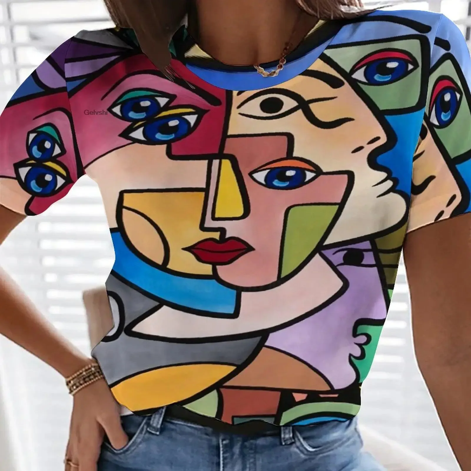 Picasso Abstract 3D Painting Vintage Elegant  Women's T-shirts Short Sleeve Fashion Trend Tees Casual O-neck Tops Female