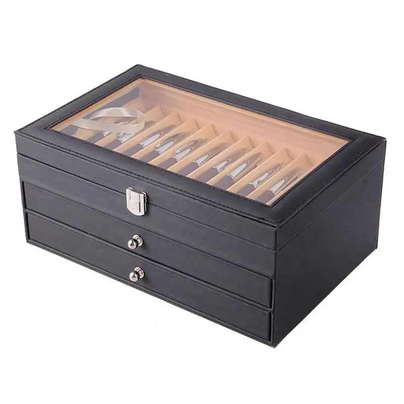 【ELEVATE LIFE】36 Slots Wooden Pen Display Storage Box Luxury 3 Layer PU Pen Case Glass Window Fountain Case Pen-Collection Organ
