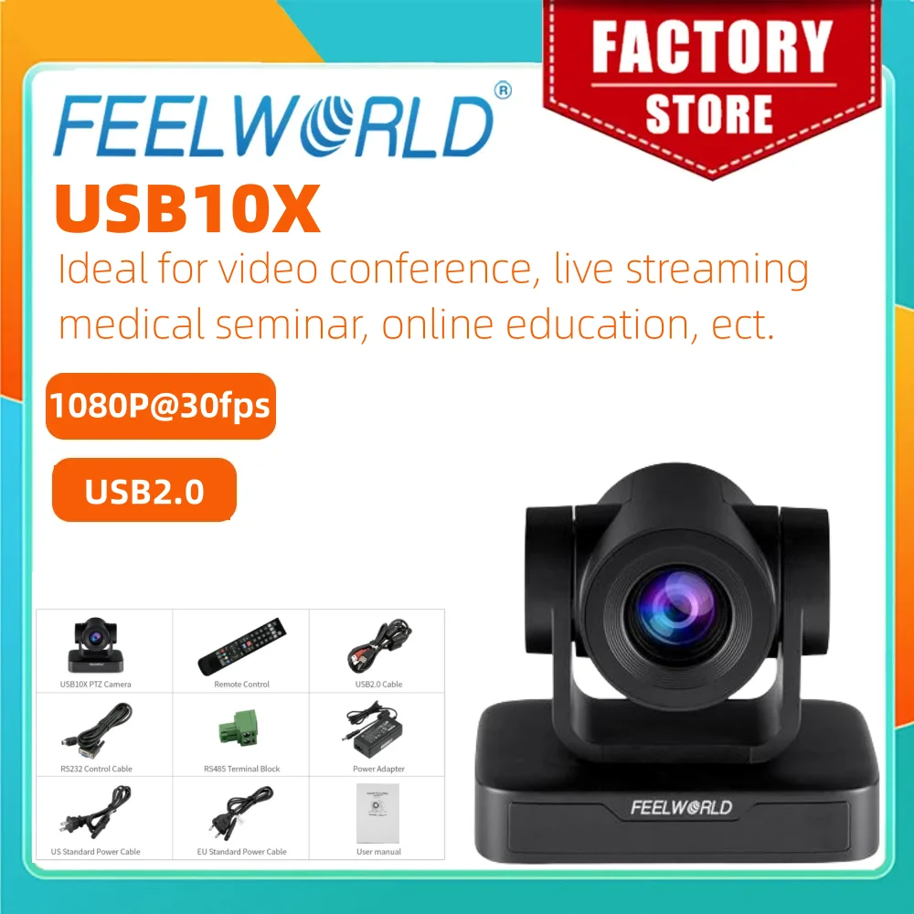 

FEELWORLD USB10X Plug and Play Full HD 1080p Webcam – USB2.0 Video Conference Camera Up To 255 Preset Positions