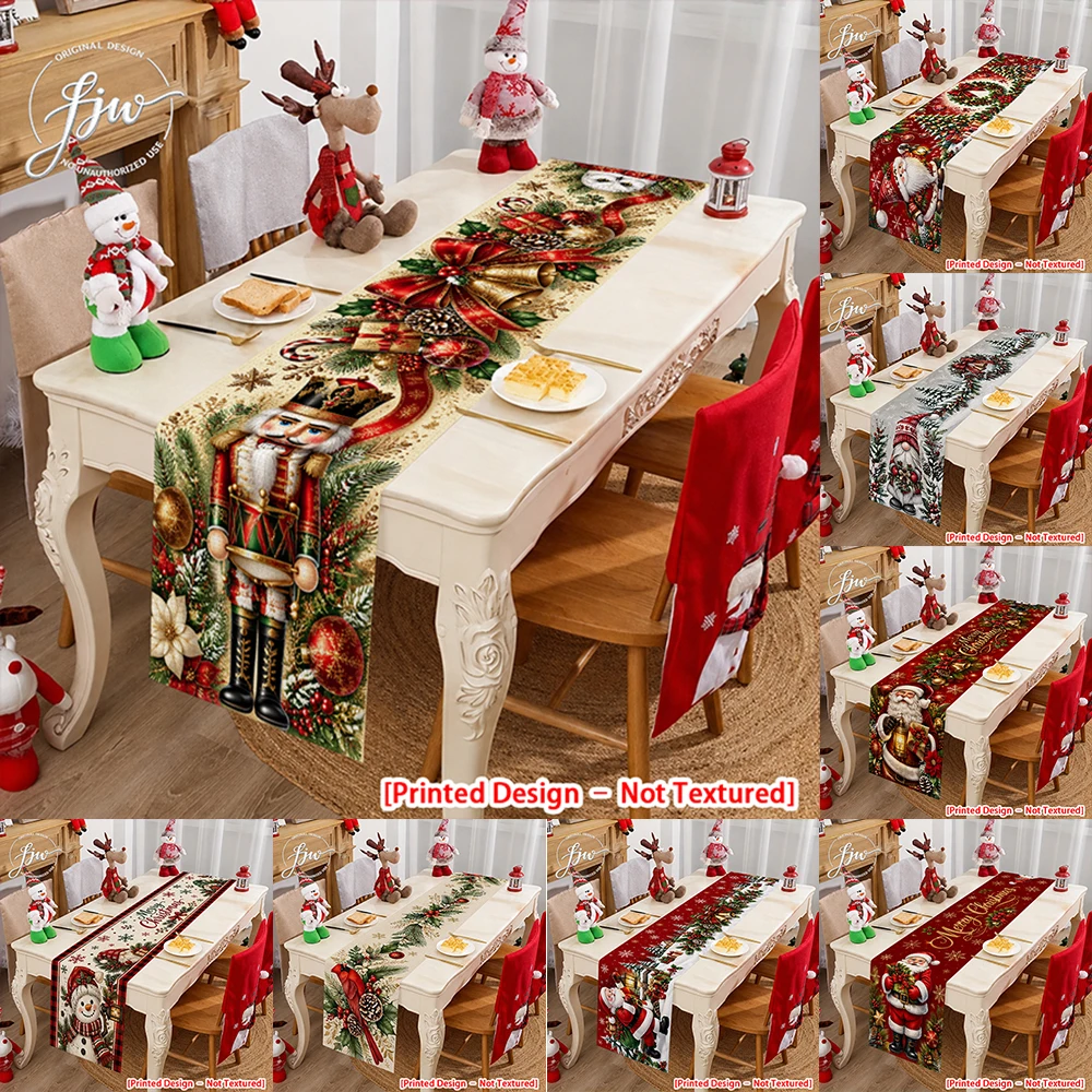 1pc Christmas Table Runner Vintage Nutcracker Santa Xmas Holiday Dining Table Decor for Winter Party Home Kitchen
