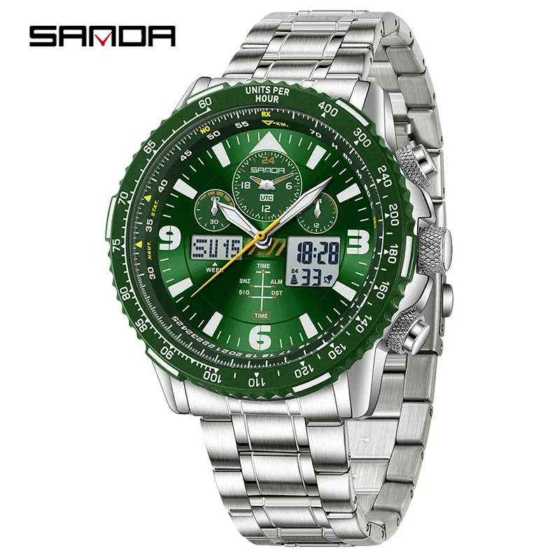SANDA Neue Business-Quarzuhren für Herren, modisches Edelstahlband, Datum, multifunktionaler Chronograph, 5 Bar, wasserdichte Uhr