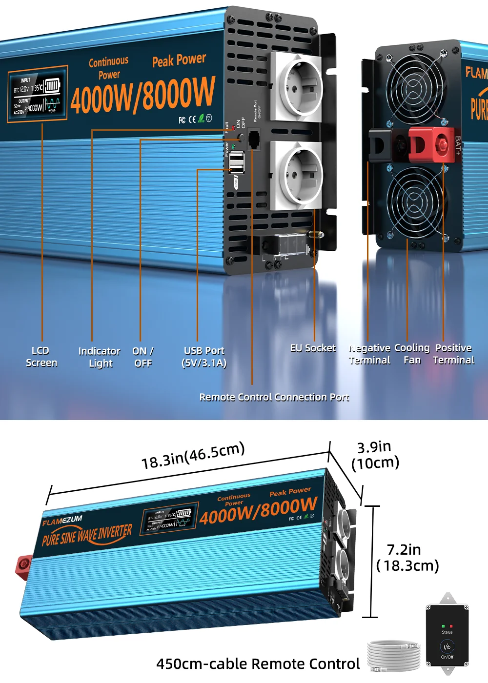 4000W 8000W reiner Sinus-Wechselrichter 12V 24V 230V DC zu AC tragbarer Spannungswandler mit Fernbedienung für Wohnmobil-Boot – Detail 6