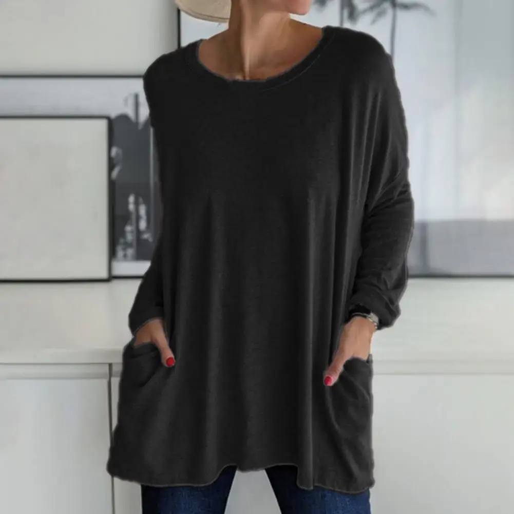 Solid Color Vintage Pocket Oversized T shirt Female Clothing Fashion Autumn Tunics Basic Top Women 2023 Long Sleeve T Shirt