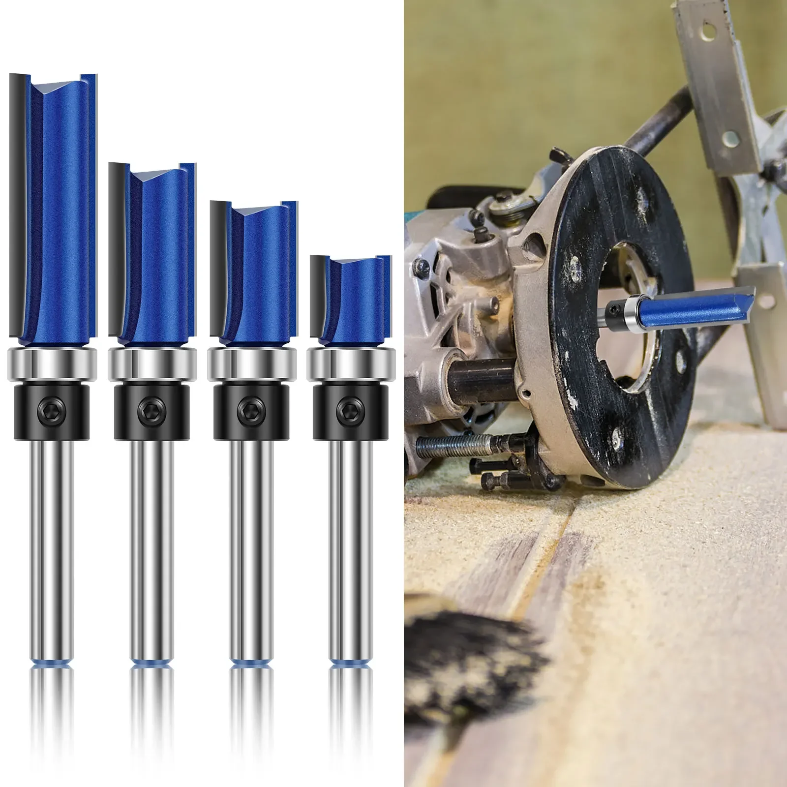 

4 шт., набор фрез для обрезки заподлицо, 1/4 дюйма, твердосплавные фрезы по дереву, диаметр резки 12,7 мм, направляющая для шаблона, деревообрабатывающий домашний инструмент