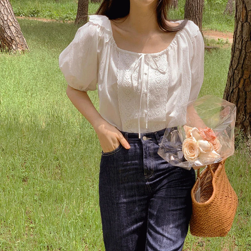 Chic à volants Patchwork col carré nœud papillon bulle Sve haut femmes ample blanc ort Sve irt été coréen Sle trajet