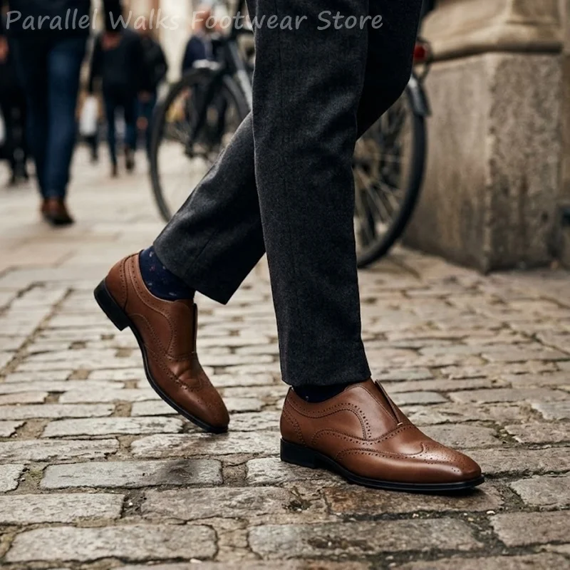 Mens Brown Leather Brogue Shoes Slip On Elastic Perforated Wingtip Formal Evening Party Dress Shoes Oxford Classic Loafers Shoes view 3