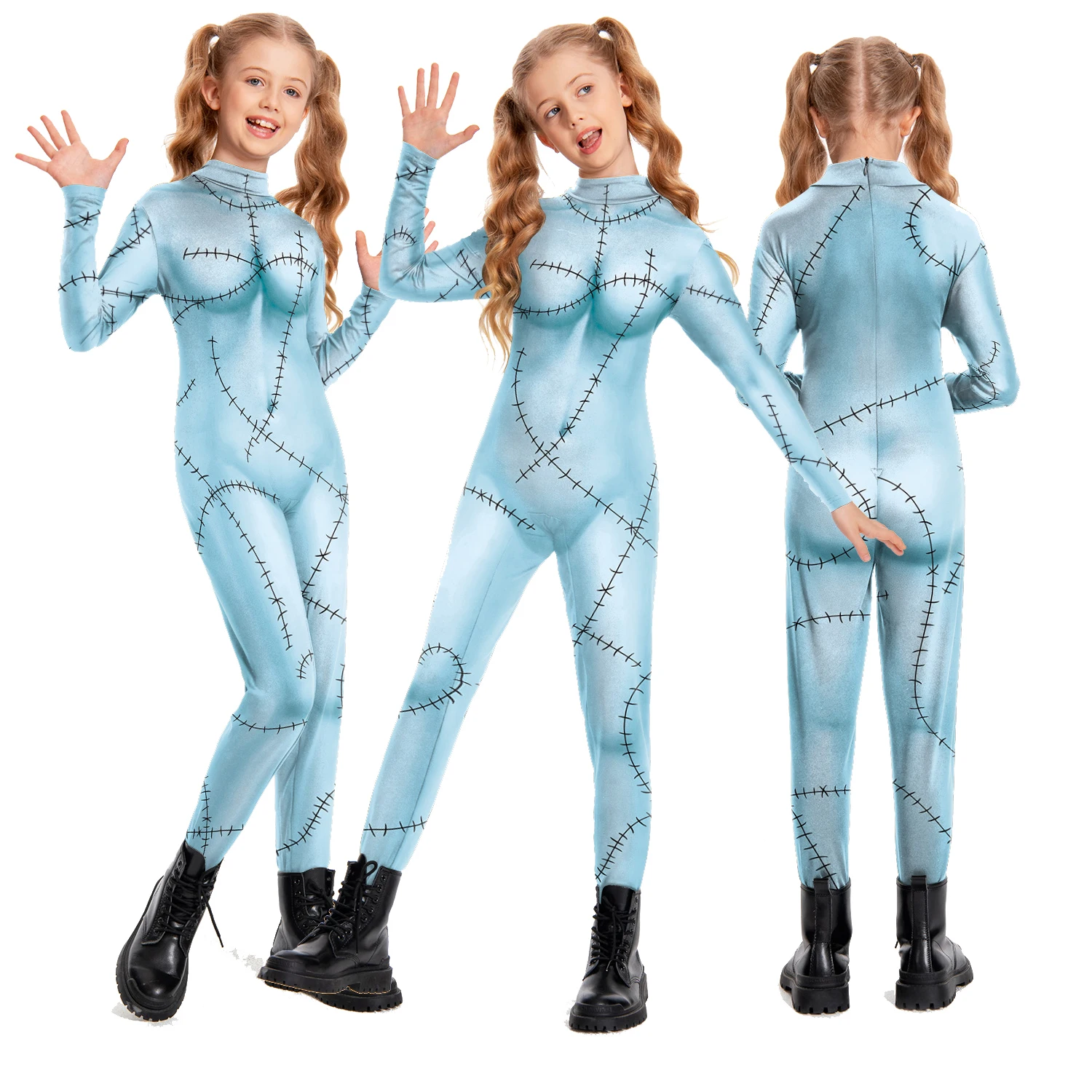 VIP FASHION Kid Sally Halloween Costume Girl Patchwork Print Bodysuit Fancy Disguise Suit Carnival Party Clothes Zentai Catsuit