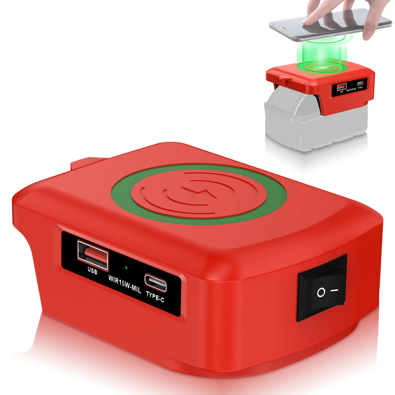 Emergency Charging for Power Outage 15W Wireless Charger Adapter for Milwaukee 18V Battery USB Type-C Reliable Charging Dock