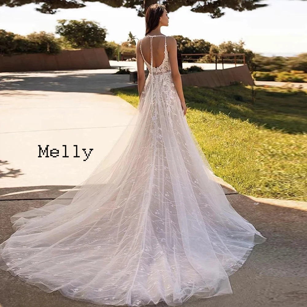 Champagne Side Slit Wedding Dresses for Women Spaghetti Straps Bridal Gowns with Lace Court Train 2024 Summer Robe De Soirée