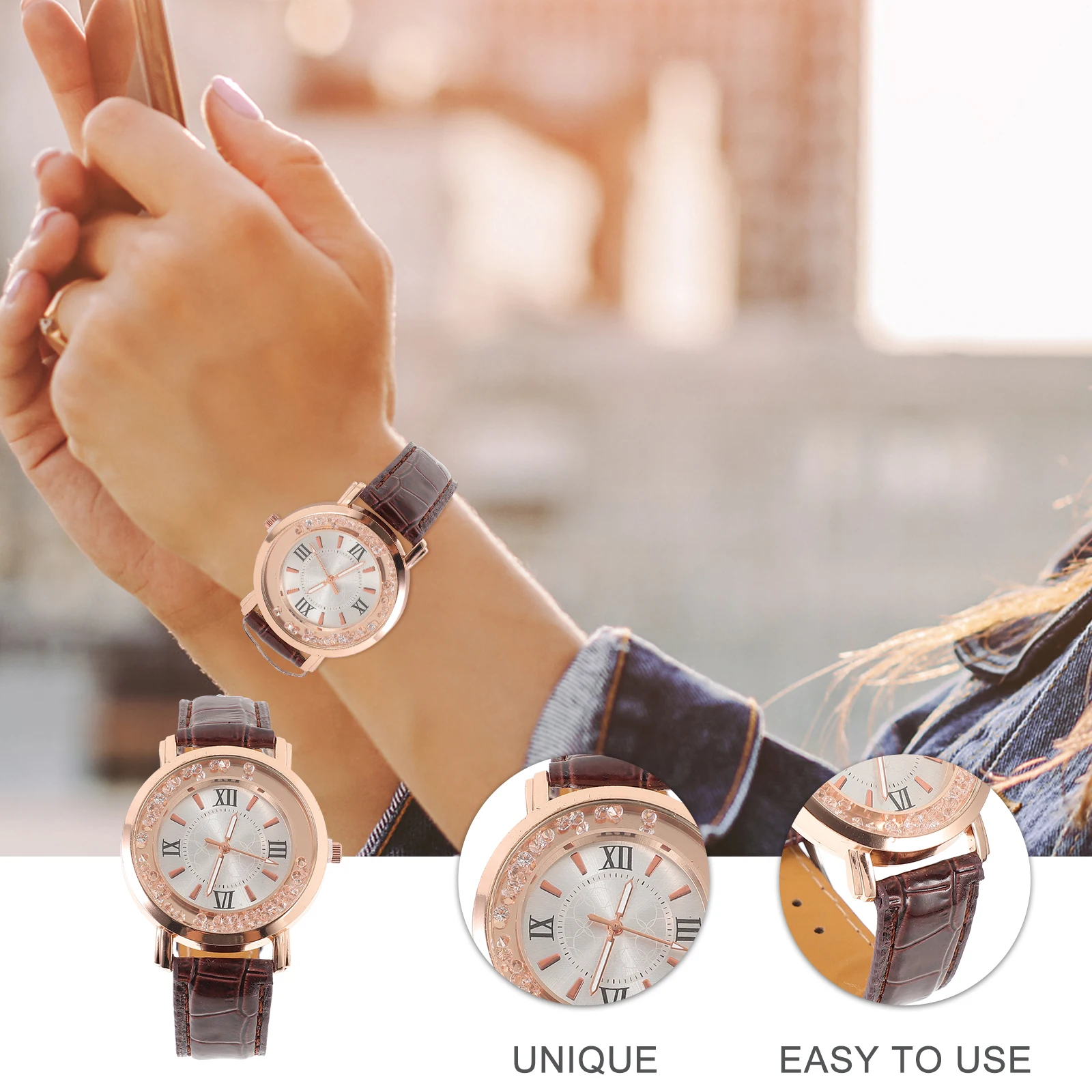 

Ladies Watch Rhinestone Wristwatch Belt with Bracelet for Women Coffee Watches Student