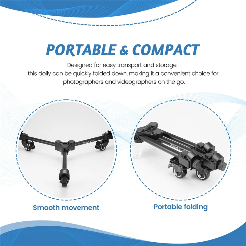 ABDE-Ulanzi AT-02 عجلات قابلة للتمديد قابلة للطي المنزلق ترايبود دوللي قاعدة حامل سبائك الألومنيوم المحمولة ترايبود دوللي للاستوديو 20 كجم