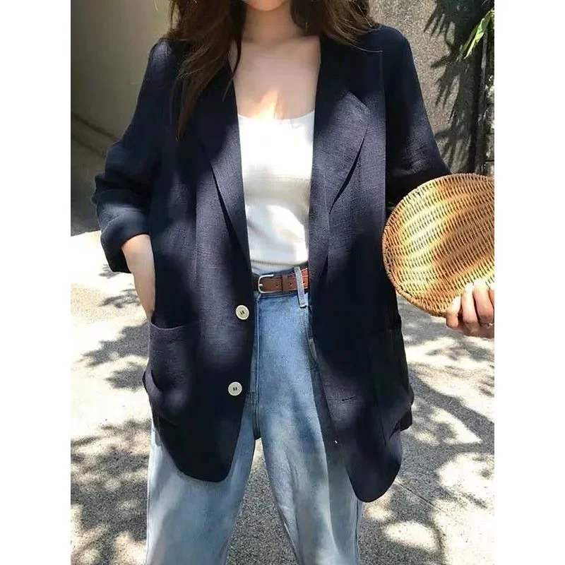 

Spring Summer Large Size Cotton Linen Suit Jacket Women 2025 New Fashion Loose Casual Thin Coat Sunscreen Coat Female