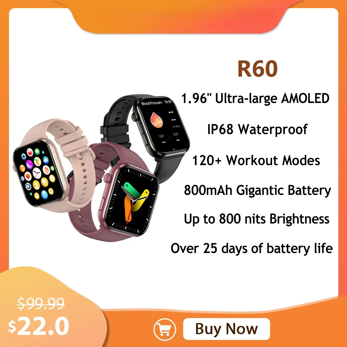 

Smartwatch R60 1.96'' Ultra-large AEMOLED Display,Men Women Watch with 800mAh Battery 5.3 Bluetooth with Fitness Heart