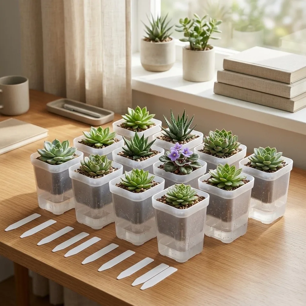 12 Piece Square Self Watering Flower Pots Designed for For succulent Care with Dry Wet Separation and Side Refill Function