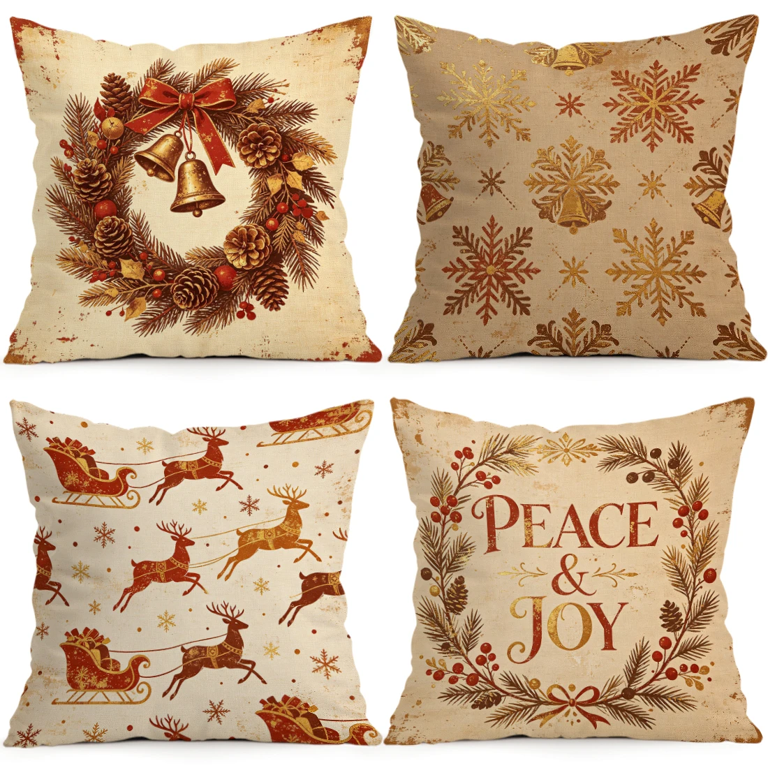 Golden Vintage Christmas Pillowcase Printed Polyester 40/45/50cm Throw Pillowcover Decorative Sofa Cushion Pillowslip Home Decor