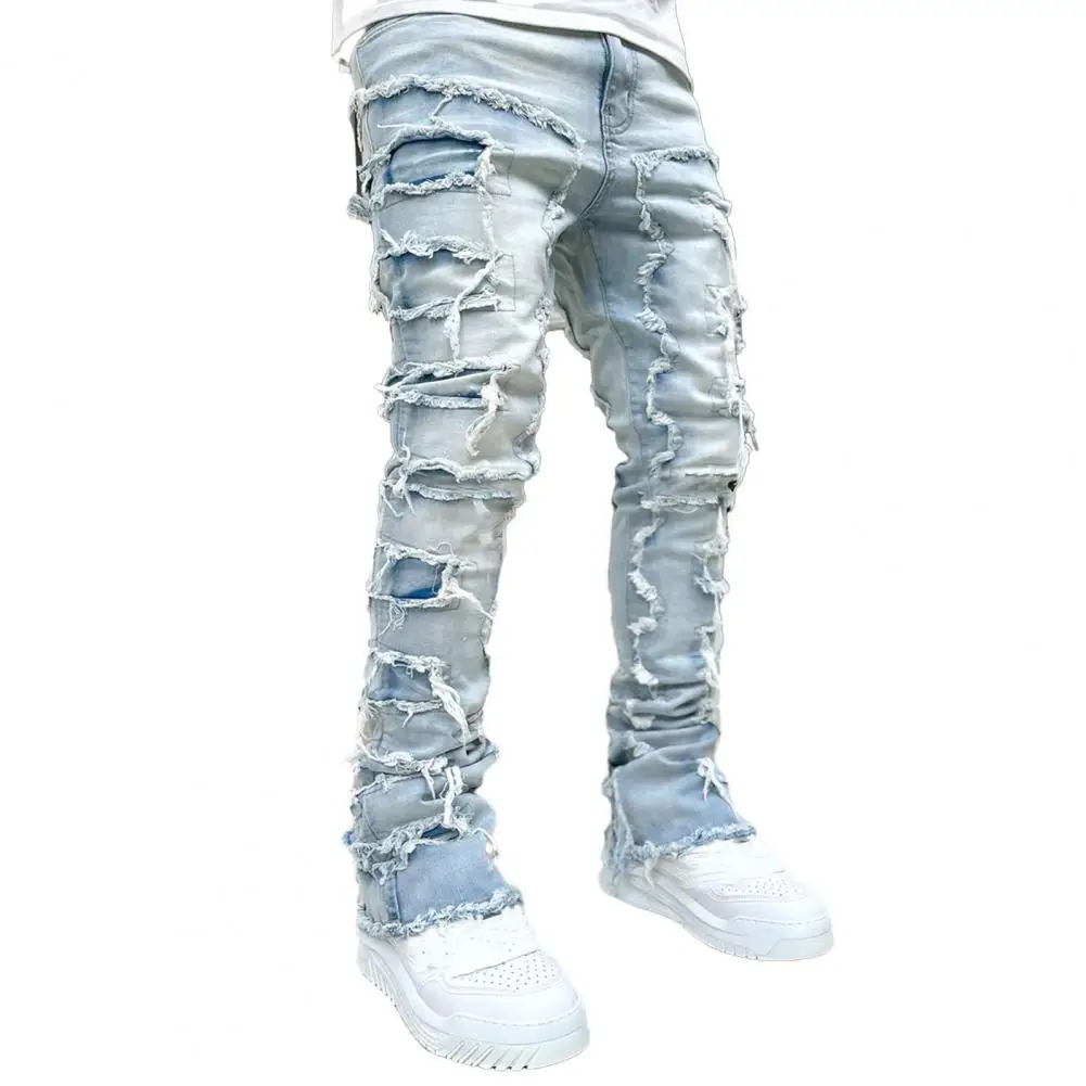 Mens Stacked Jeans Fit Ripped Jeans Destroyed Straight Denims Pants Vintage Hip Hop Trouser Streetwear