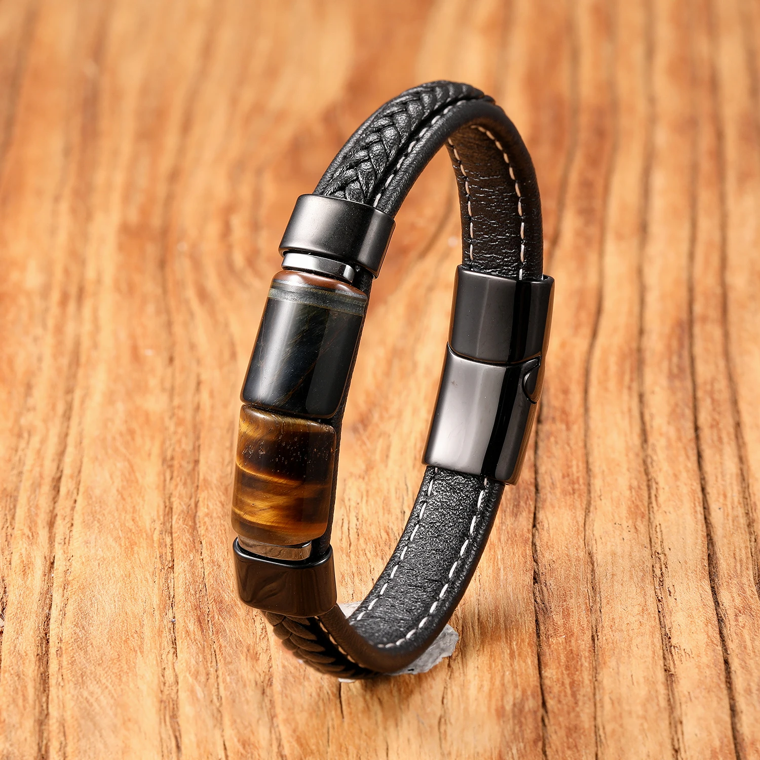 Natürliches Tigerauge-Steinarmband für Männer Hochwertiger Edelstahl Lederband Energiestein Pulseras Hombre Geschenk für Ihn – Detail 5