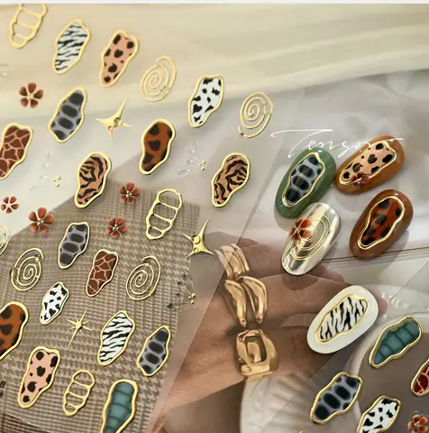 Retro Animal Pattern Nail Stickers Gold Color Nail Art Stickers Leopard Print Cow Print Self Adhesive Nails 3D Decorations Decal