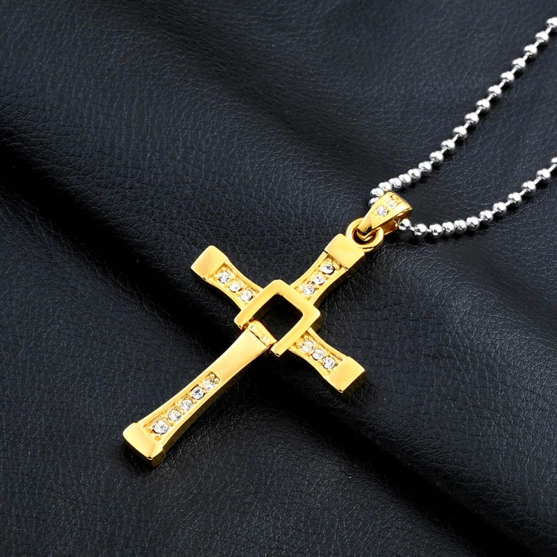 Copper-plated gold steel warrior Fast and Furious Cross Pendant Titanium Steel Diamond Necklace Wholesale