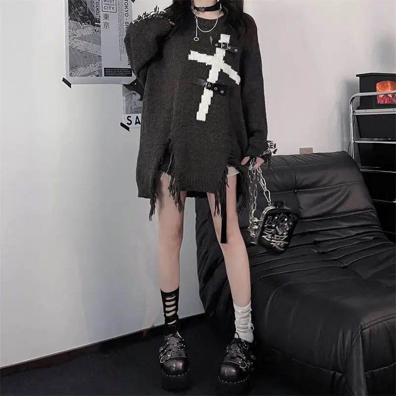 Deeptown Y2k Gothic Black Sweater Women Cross Harajuku Japanese Fashion Knit Pullovers Oversized Irregular Jumper Grunge Winter