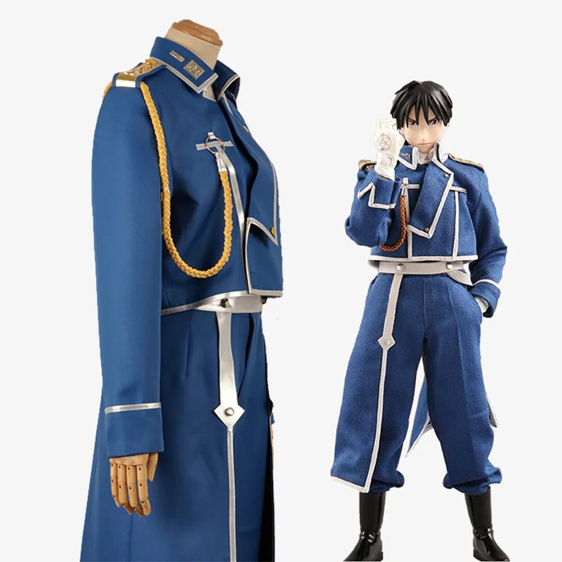 Roy Mustang Cosplay Anime Fullmetal Alchemist Kostium Mundurek Peruka Niebieski Wojenny Płaszcz Wojskowy dla Mężczyzn Strój na Halloween Karnawał