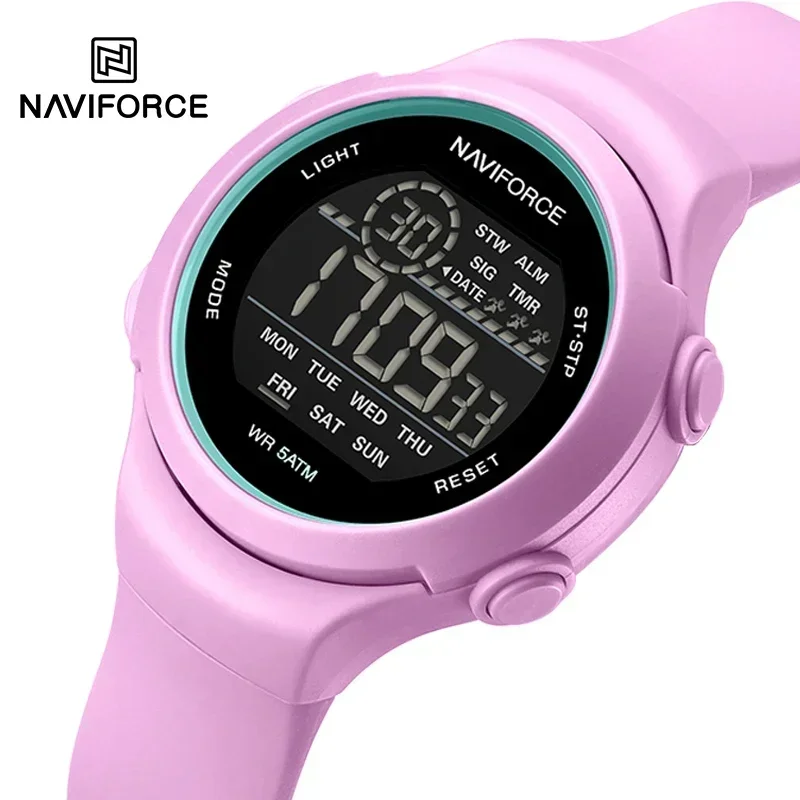 NAVIFORCE NF7119 ساعة رياضية فاخرة للنساء حزام السيليكا LCD شاشة ديجيتال ساعات المعصم الإلكترونية
