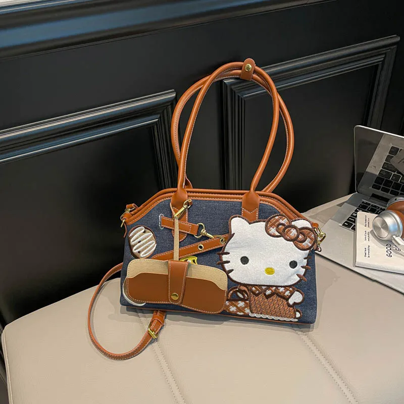

Kawaii Hellokitty Cute Handbag Ladies Shoulder Underarm Bag Commuter Large Capacity Tote Bag Hand Embroidery Shell Bag