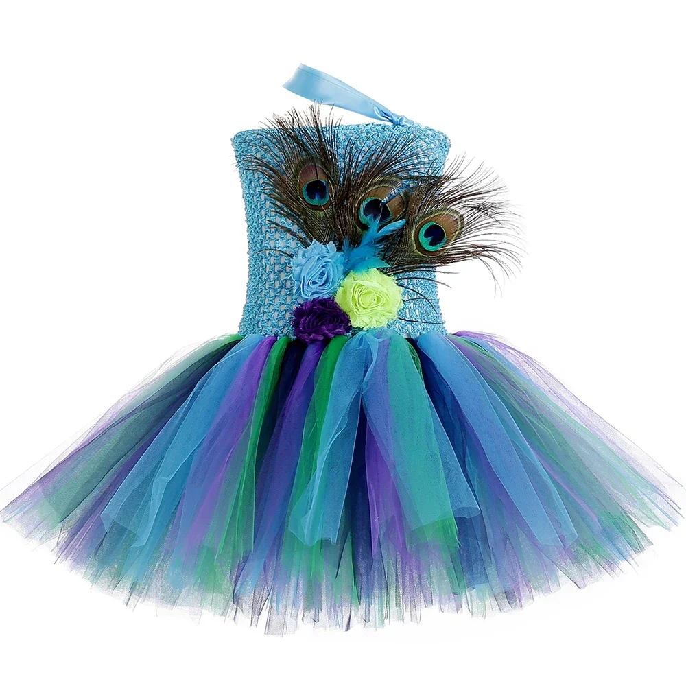 Flower Feathers Girls Peacock Tutu Dress Blue Toddler Girls Princess Peacock Costume Kids Halloween Carnival Party Tulle Dresses