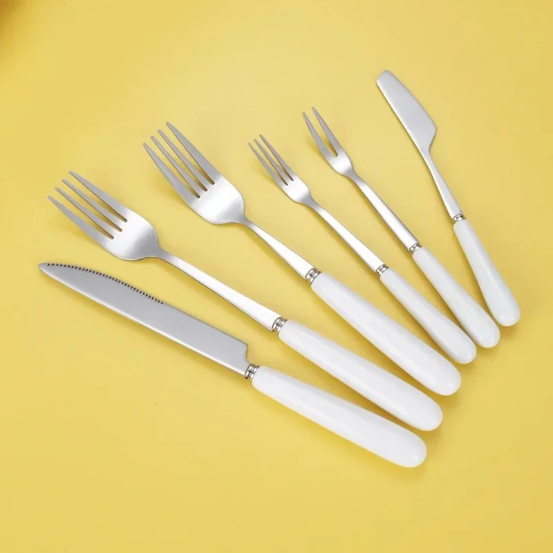 1Pcs Milk White Ceramic Tableware Kitchen Cutlery Steak Knife Dinner Fork Teaspoon Dessert Cake Fork Chopsticks Steel Coffee