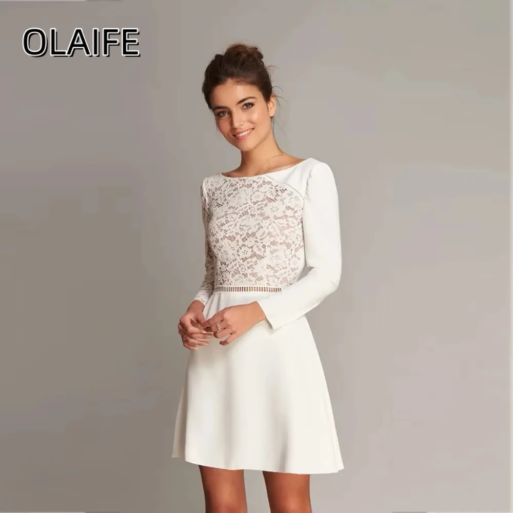 Olaife Elegant Short Wedding-Dress Scoop Long Sleeve Lace Satin Backless Bridal Gown vestidos de novia