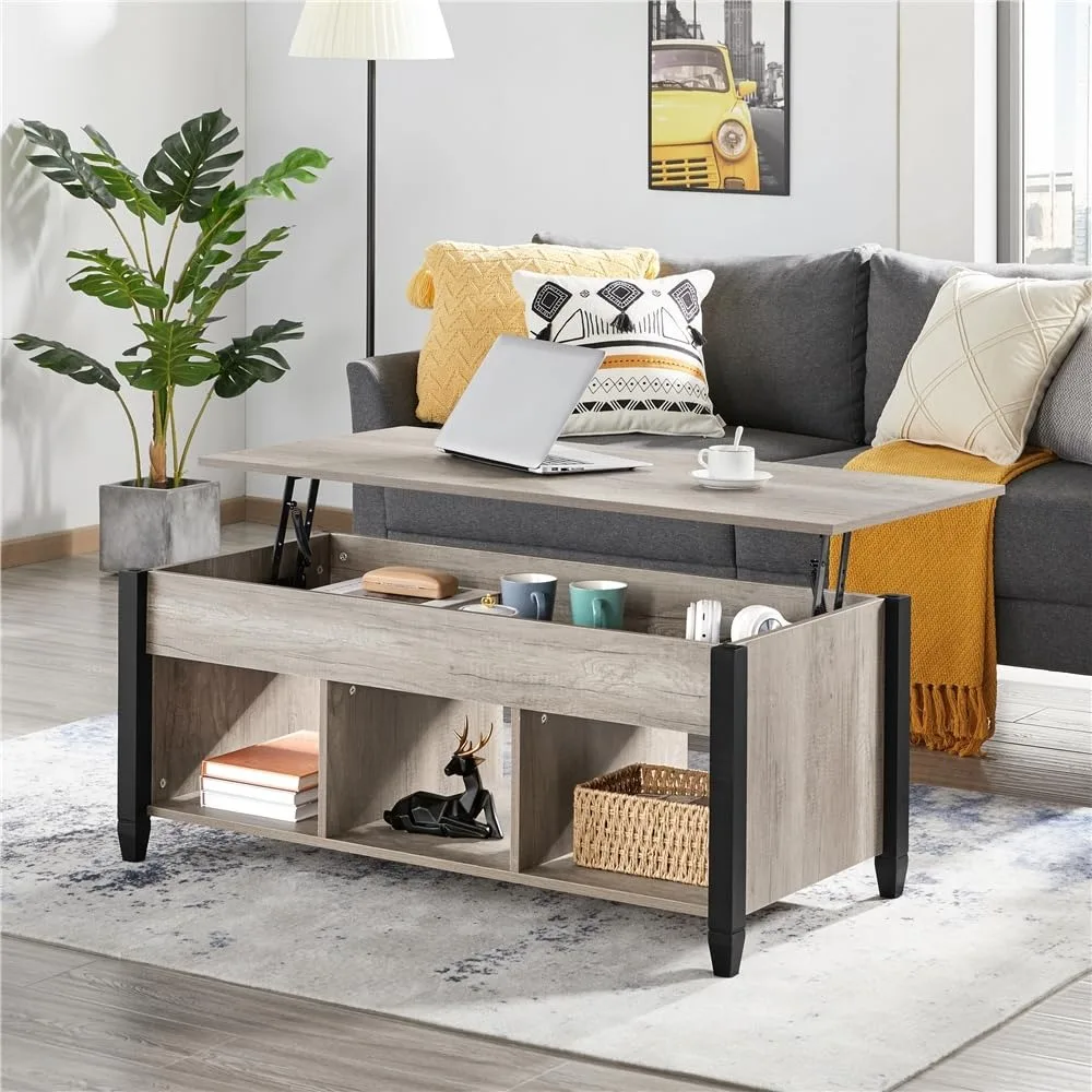 

Gray Coffee Table, 47.5in Lift Top Coffee Table with Storage Hidden Compartment and 3 Open Shelves, Wooden Rustic, Customized