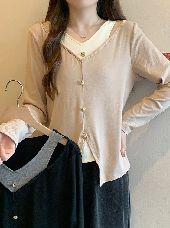 

Spring 2026 plus Size Women's T-Shirt Design Sensation Fake Two-Piece Split Base Slimming Shoulder-Length Sleeve Long Body