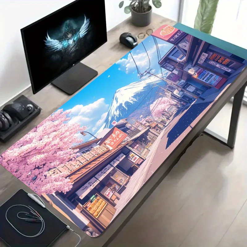 Iron Art Cherry Blossom Snowy Mountain Oversized Gaming Desk Mat Non Slip Washable Rubber Base Large Mouse Pad Office Decor